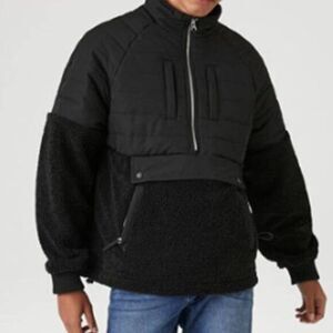 Forever 21 Men's Half-Zip Puffer Jacket Faux Shearling Raglan Large Black $79
